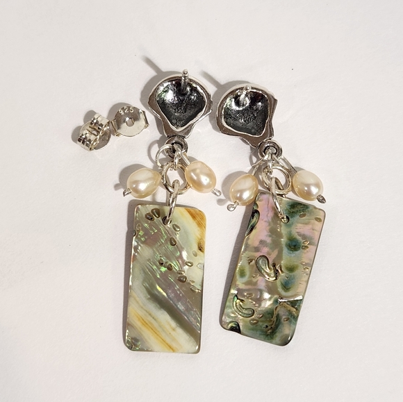 Genuine Sterling Silver Dangle Earrings With Abalone Shells & Freshwater Pearls - Picture 10 of 12